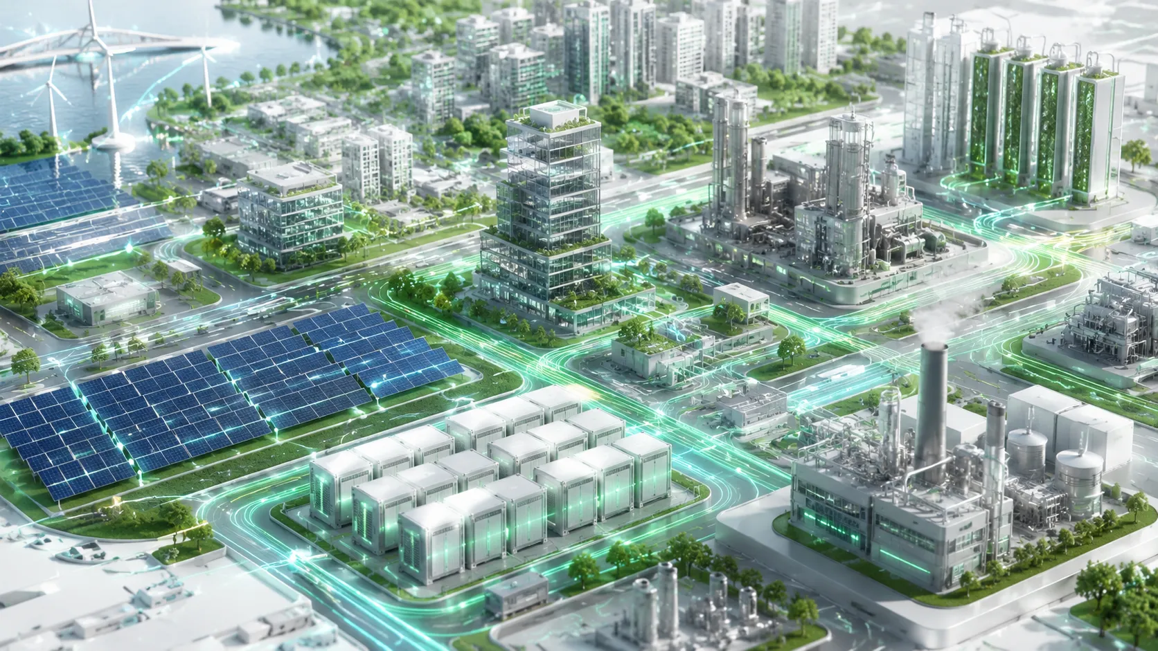 Economic Multiplier Effects of 100 GW Renewable Programs - A high-end 3D isometric illustration of a green smart city powered by solar and battery storage