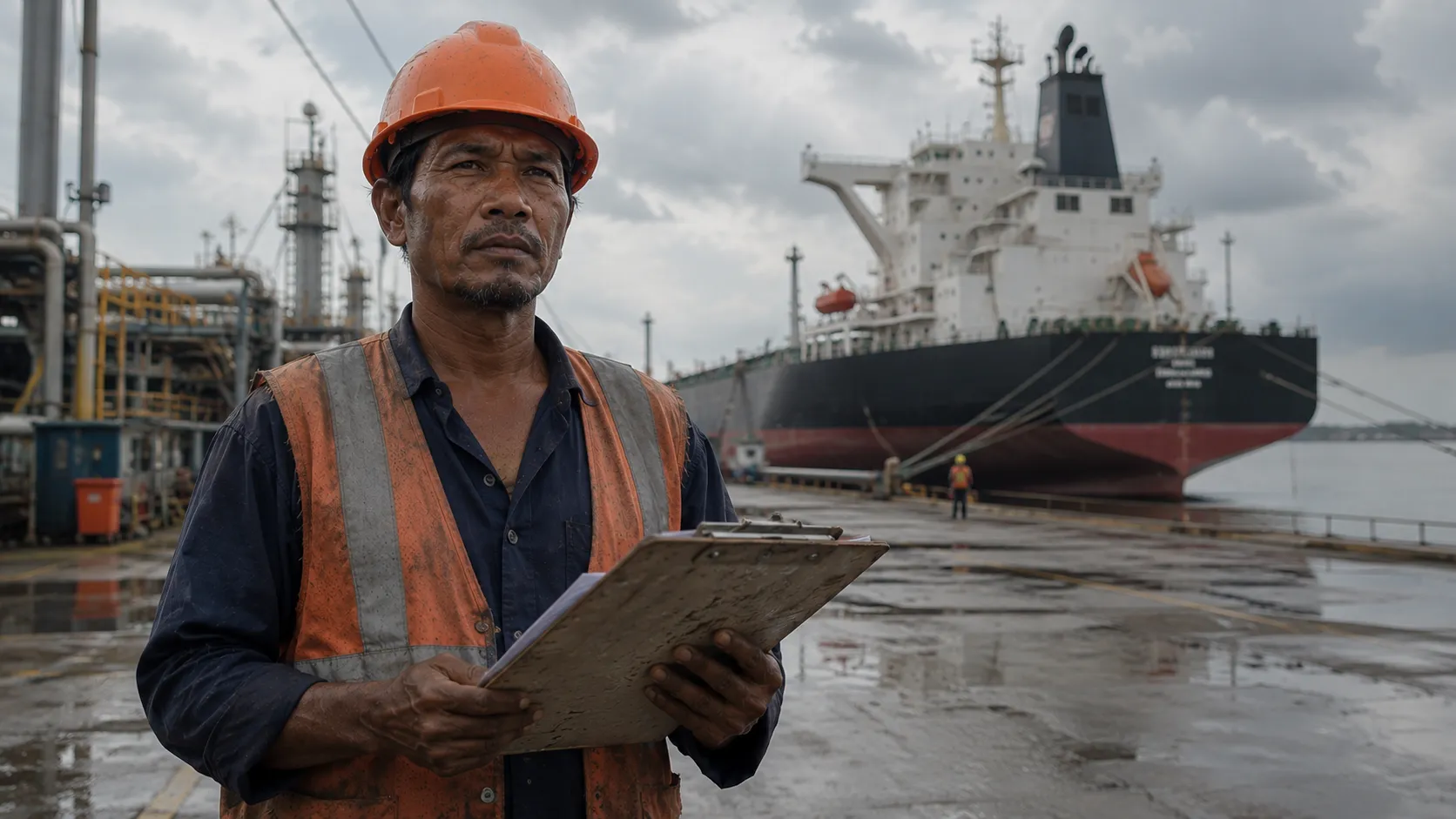 A local Indonesian port worker standing at a massive shipping terminal, monitoring the impact of oil tanker attacks on global crude logistics