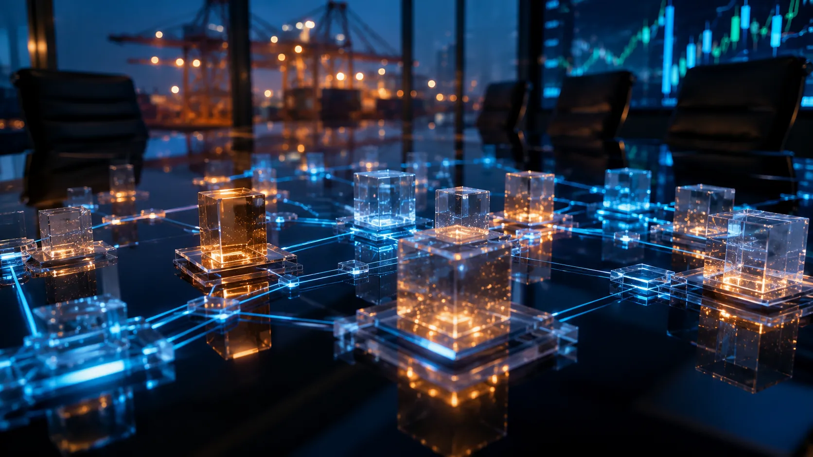 Tokenizing Farmland and Agricultural Commodities - A realistic, high-end editorial concept photo visualizing a glowing digital ledger and smart contract network processing commodity assets
