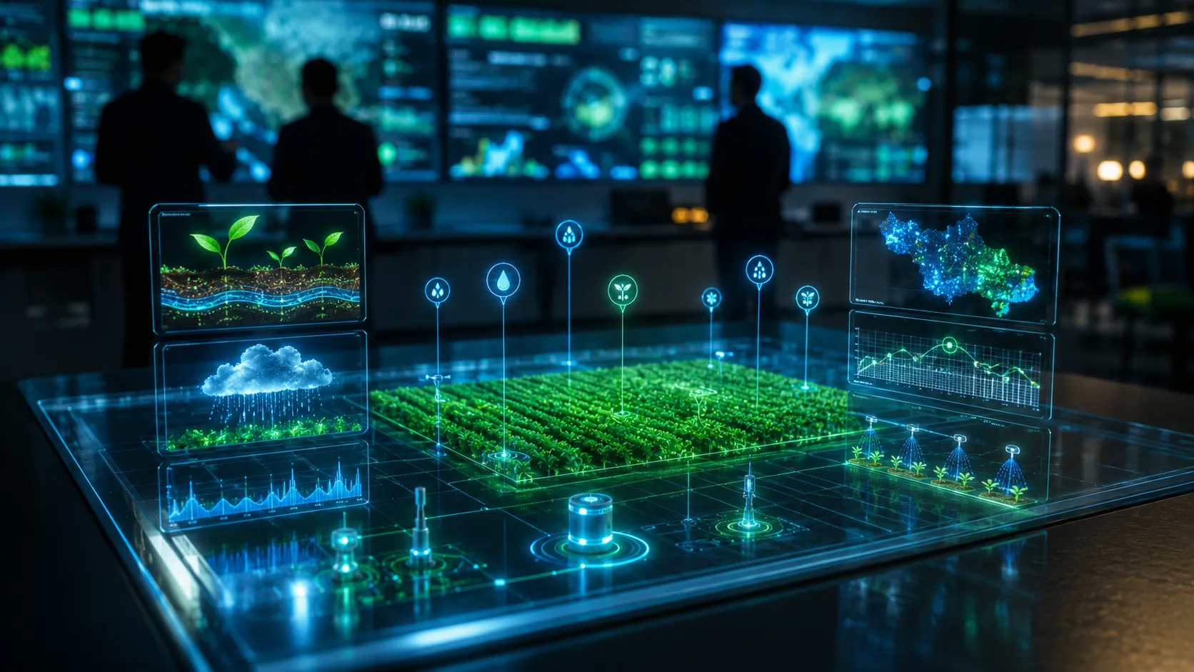 Precision Agriculture - A professional B2B editorial photograph of a digital command center dashboard visualizing soil telemetry and automated irrigation data