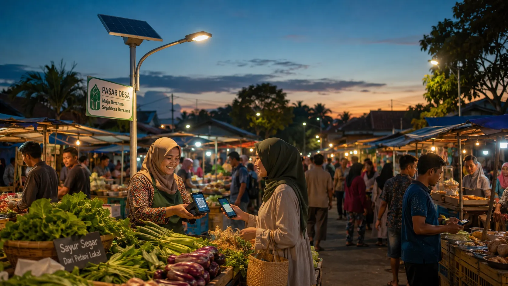 A thriving rural marketplace lit by solar energy with local merchants processing digital transactions