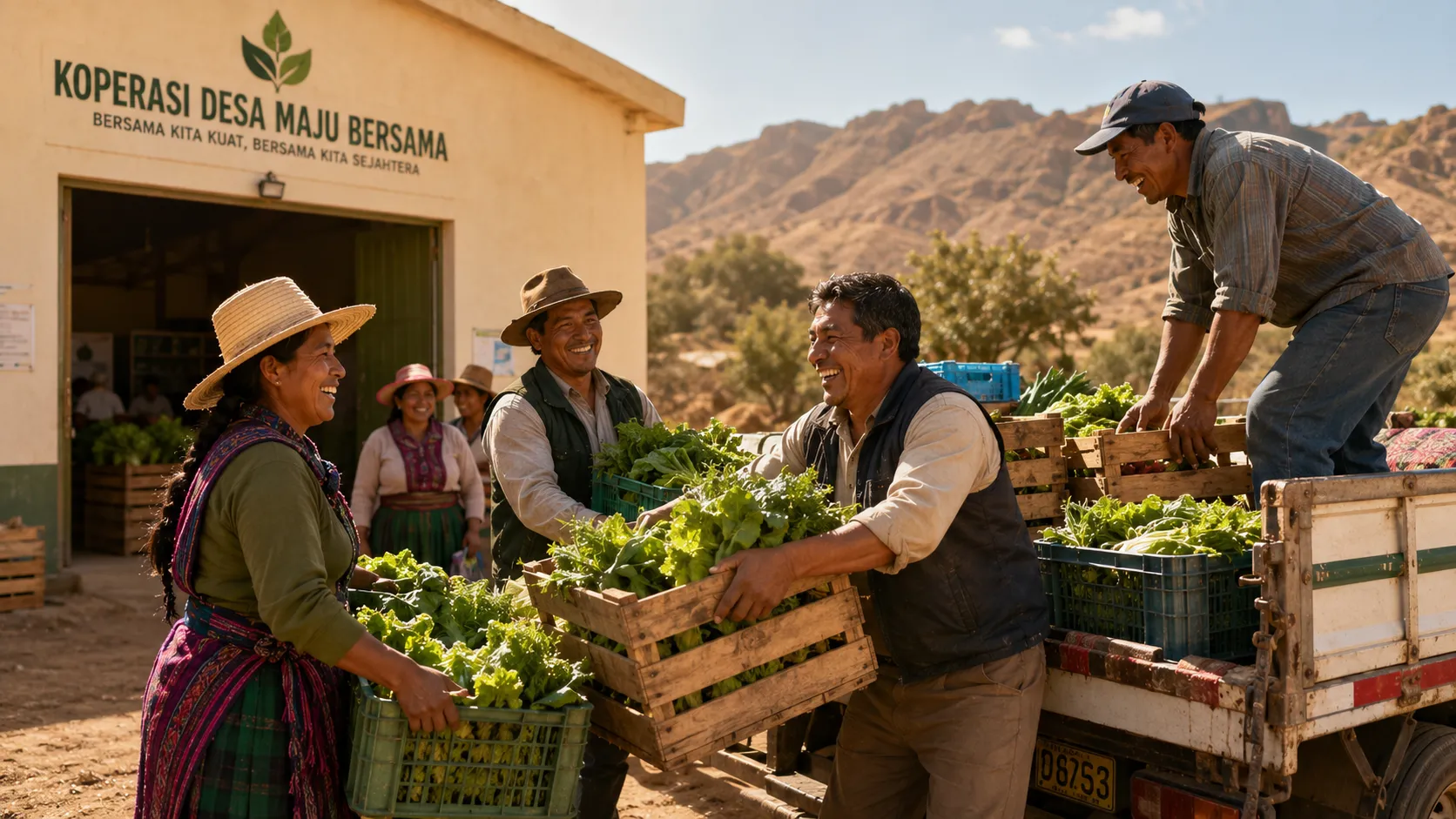 A group of prosperous local farmers standing happily next to a high-yield green crop harvest in an arid zone village cooperative