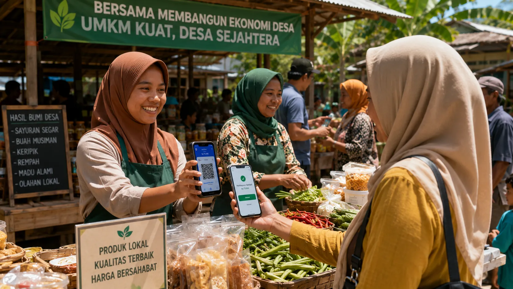 A thriving village market led by prosperous female cooperative members processing digital smartphone transactions