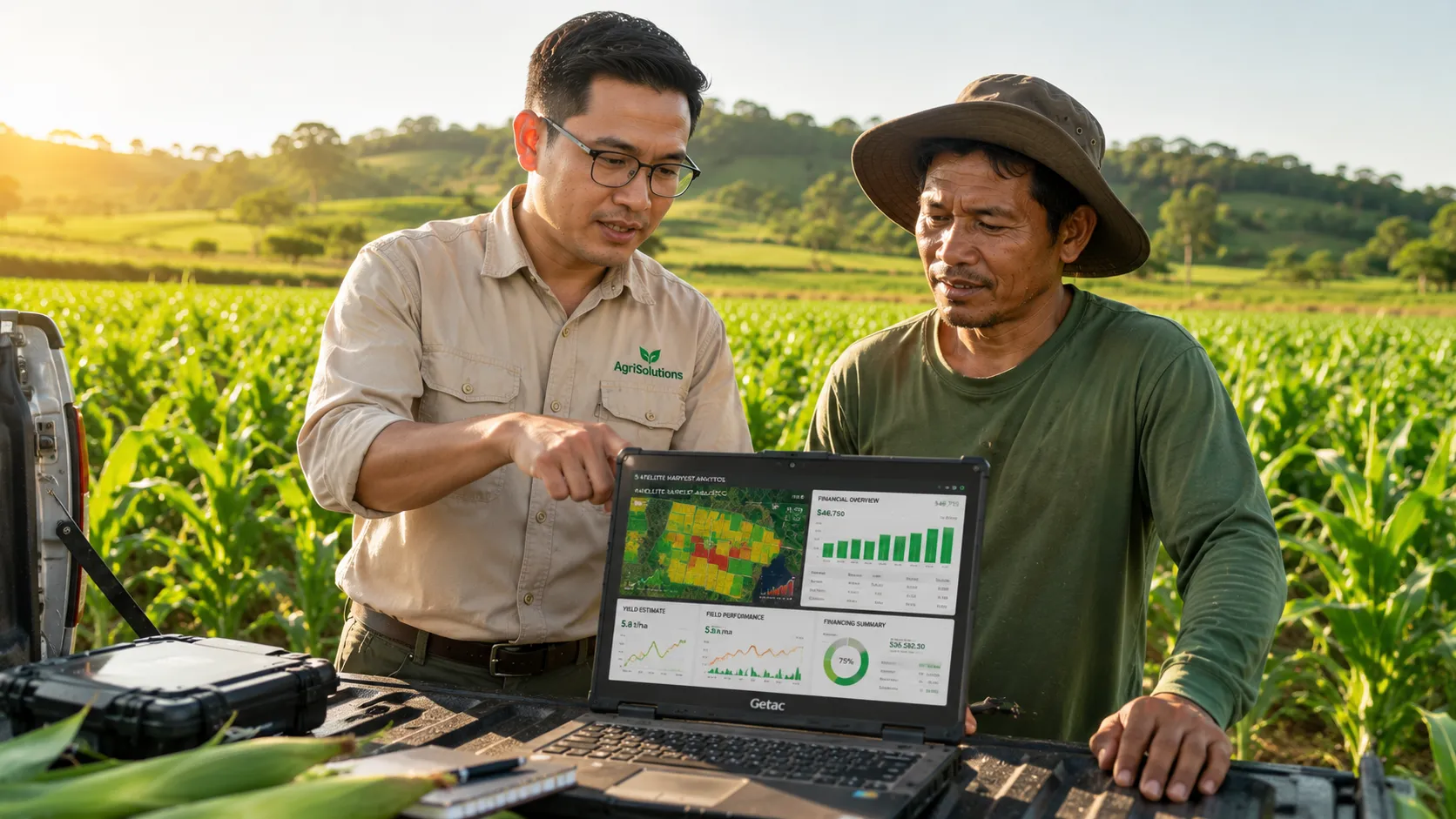 A realistic wide shot of an agronomist and a local farmer reviewing satellite harvest data on a laptop in a rural field