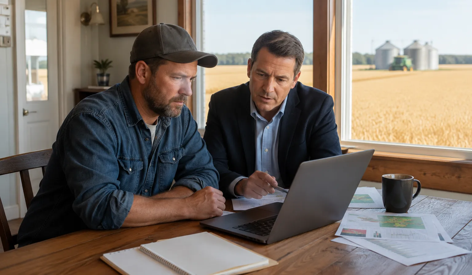 Next-Gen Crop Insurance - An authentic, highly realistic documentary-style photograph of an American commercial farmer and a regional banker reviewing digital climate data on a laptop in a sunlit farmhouse