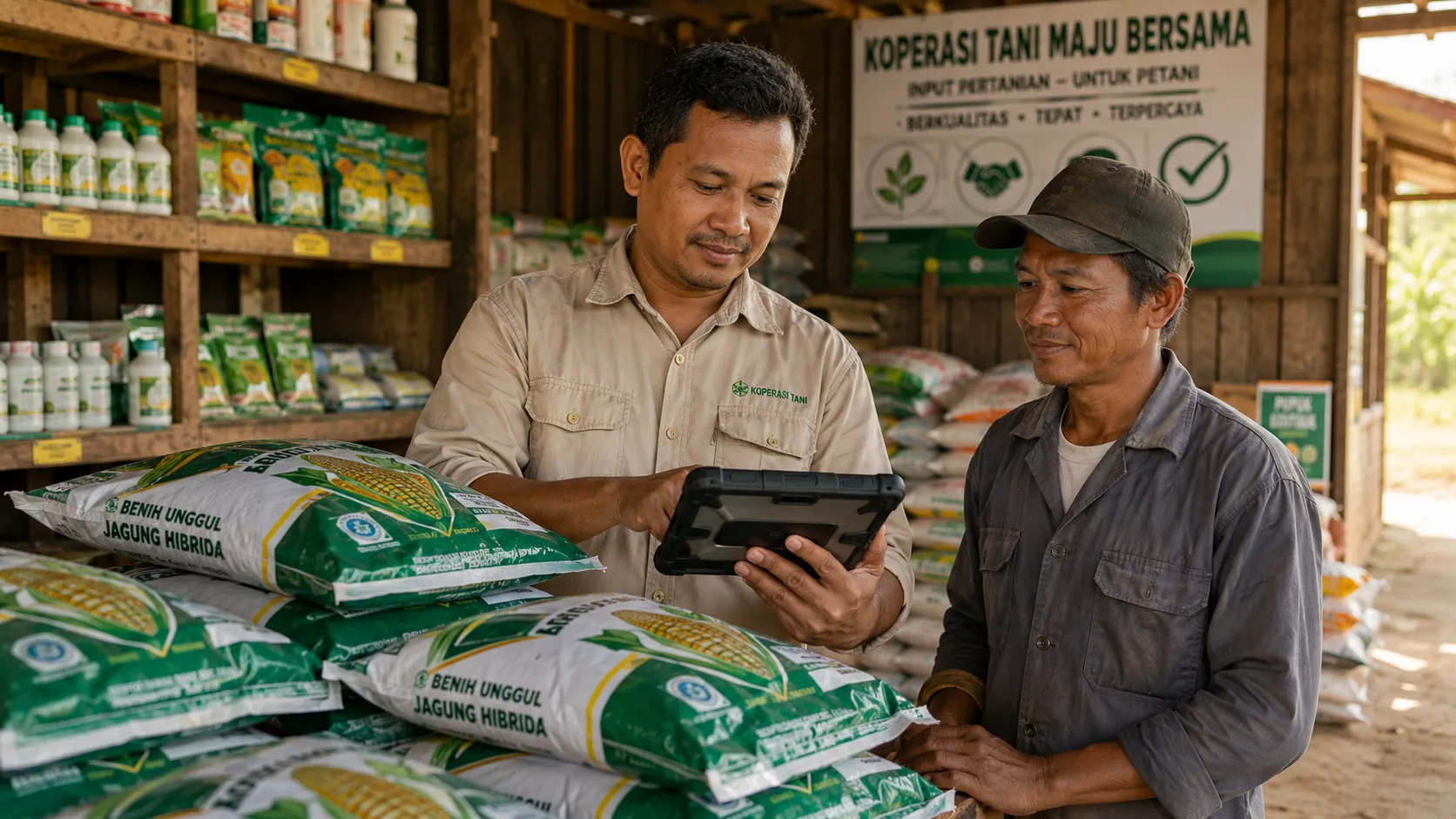 Realistic medium shot inside a rural input depot: store manager digitally verifies improved seed delivery via tablet with farmers looking on