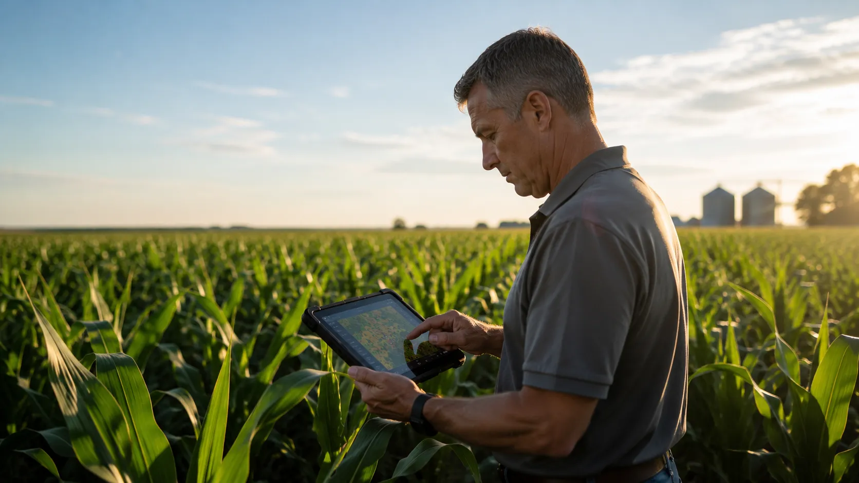 Next-Gen Crop Insurance - An authentic, documentary-style editorial photograph of an agricultural risk inspector standing in a vast, sun-drenched cornfield in Iowa holding a ruggedized field tablet