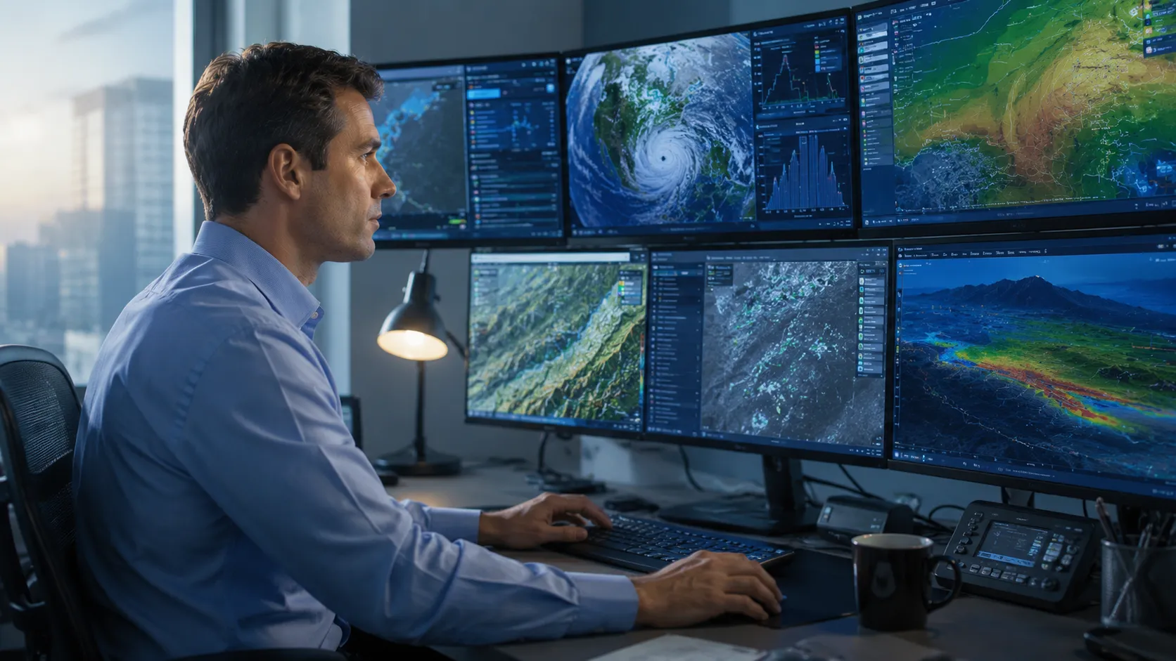 Satellite Geospatial Data - A high-end editorial photo of a corporate risk actuary looking at a multi-monitor setup showing complex topography maps and weather radar in a modern financial office