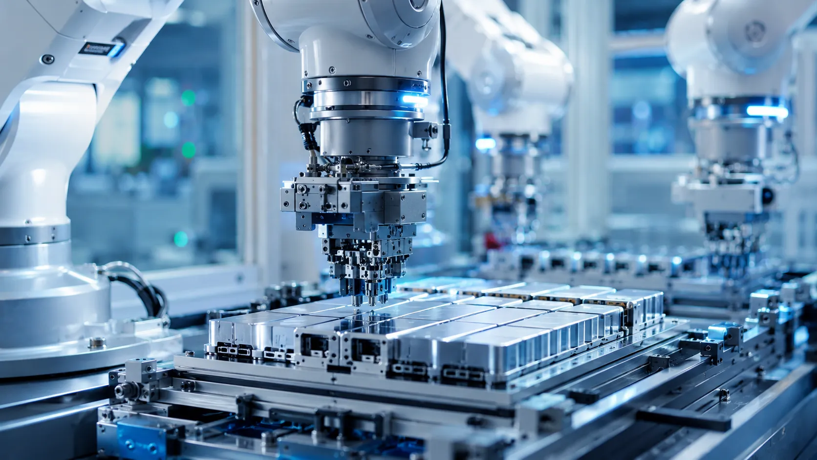 EV Battery Value Chain - A realistic, high-end editorial photo of an automated robotic assembly line processing battery cells in a modern refinery