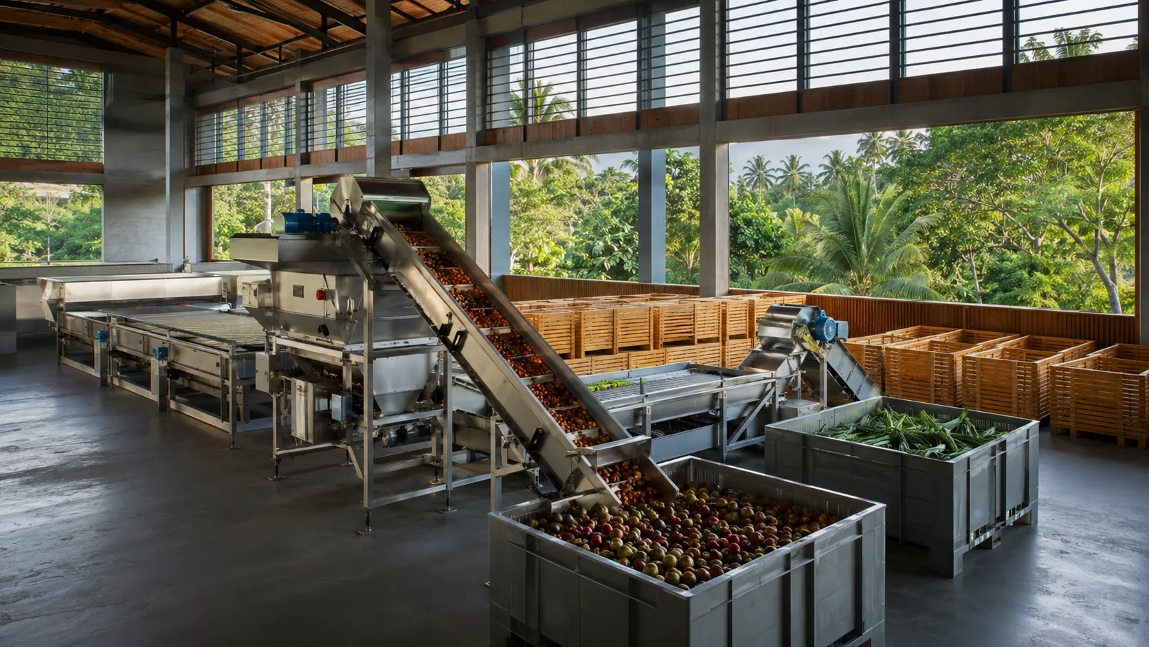 Rural Aggregator Model - A realistic, high-end editorial photo of a modern, mechanized village aggregation and sorting facility handling bulk agricultural commodities