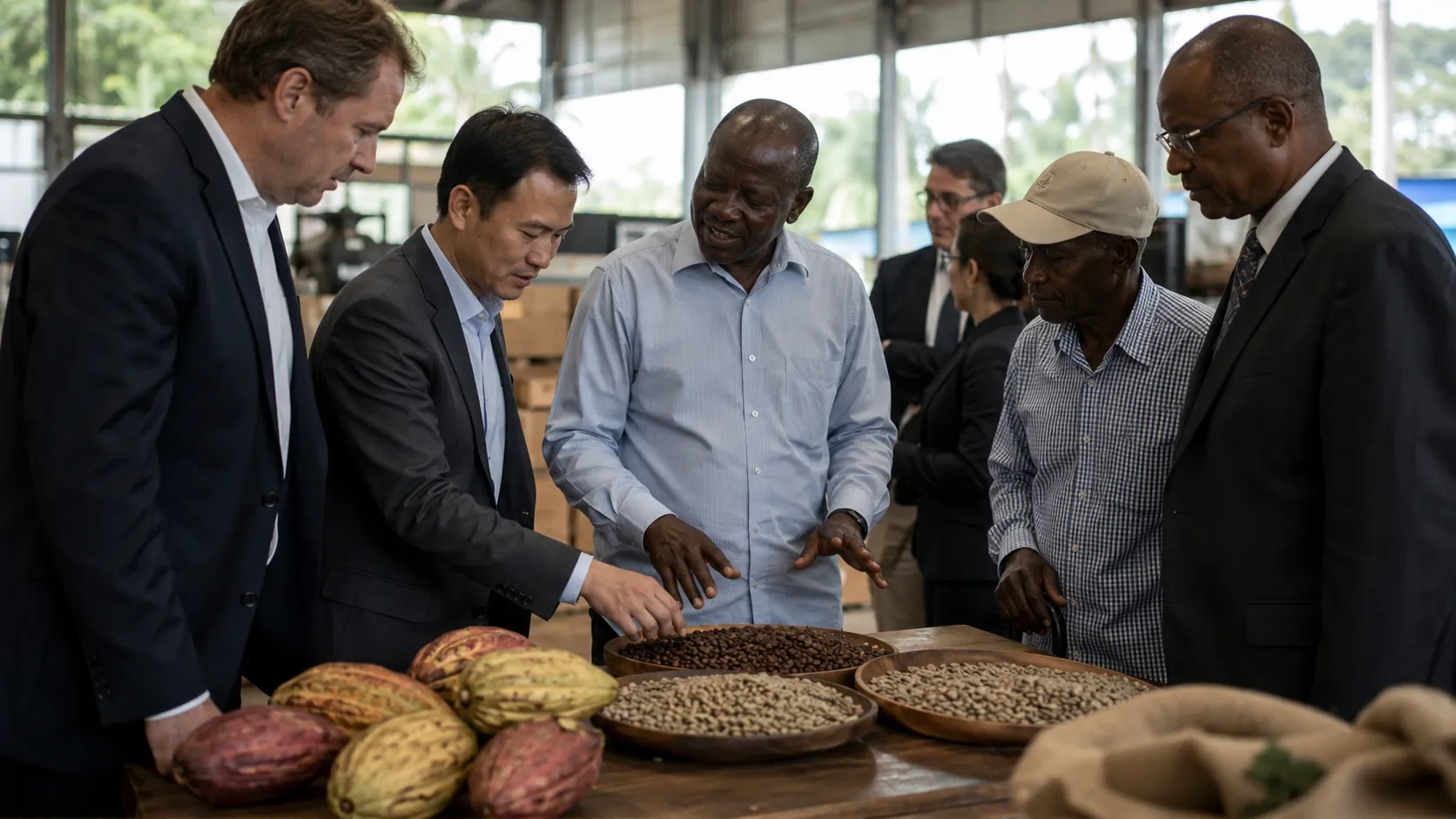 Rural Aggregator Model - A high-end editorial photograph of multinational supply chain directors and rural cooperative leaders reviewing commodity quality metrics in a modern logistics hub
