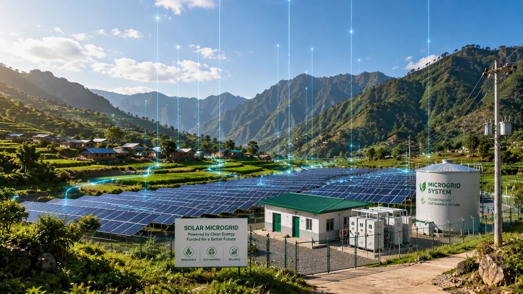 A vast solar panel microgrid installation providing clean renewable energy to a remote rural village community
