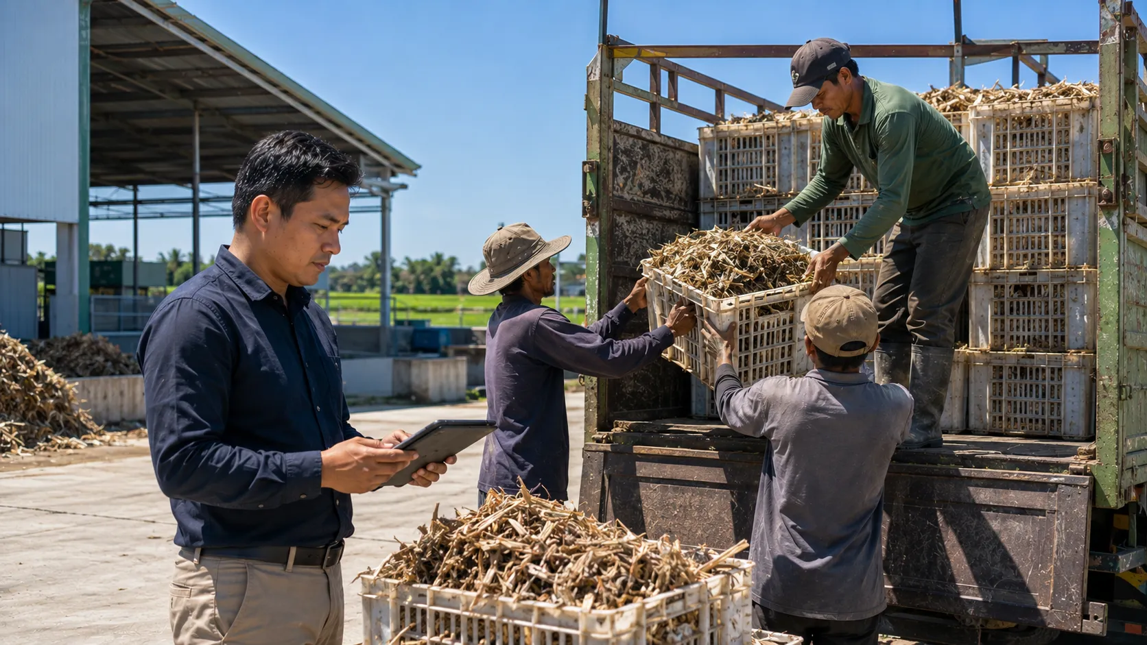 Sustainable Aviation Fuel (SAF) Feedstock Mobilization - A hyper-realistic editorial photograph of rural cooperative workers loading organized containers of agricultural biomass feedstock onto a commercial truck, while a logistics supply manager checks shipping documents on a tablet under bright, direct morning sunlight
