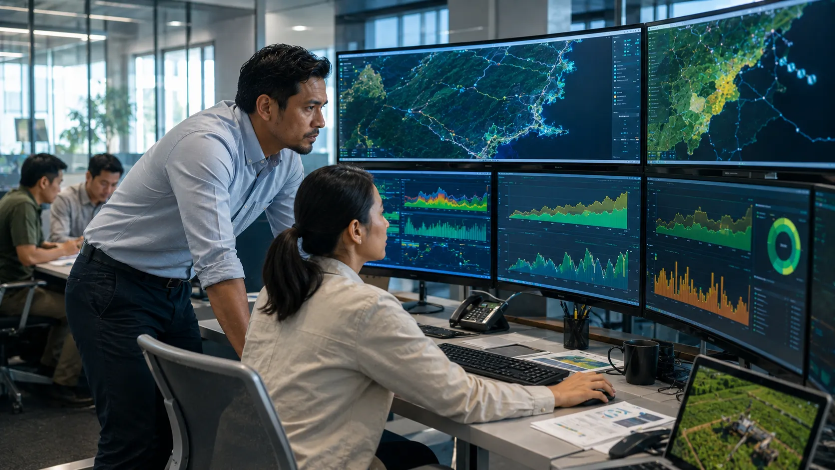 Sustainable Aviation Fuel (SAF) Feedstock Mobilization - A realistic editorial photograph of a diverse team of logistics analysts and environmental compliance officers monitoring a multi-screen digital dashboard tracking global SAF feedstock flows and carbon intensity metrics