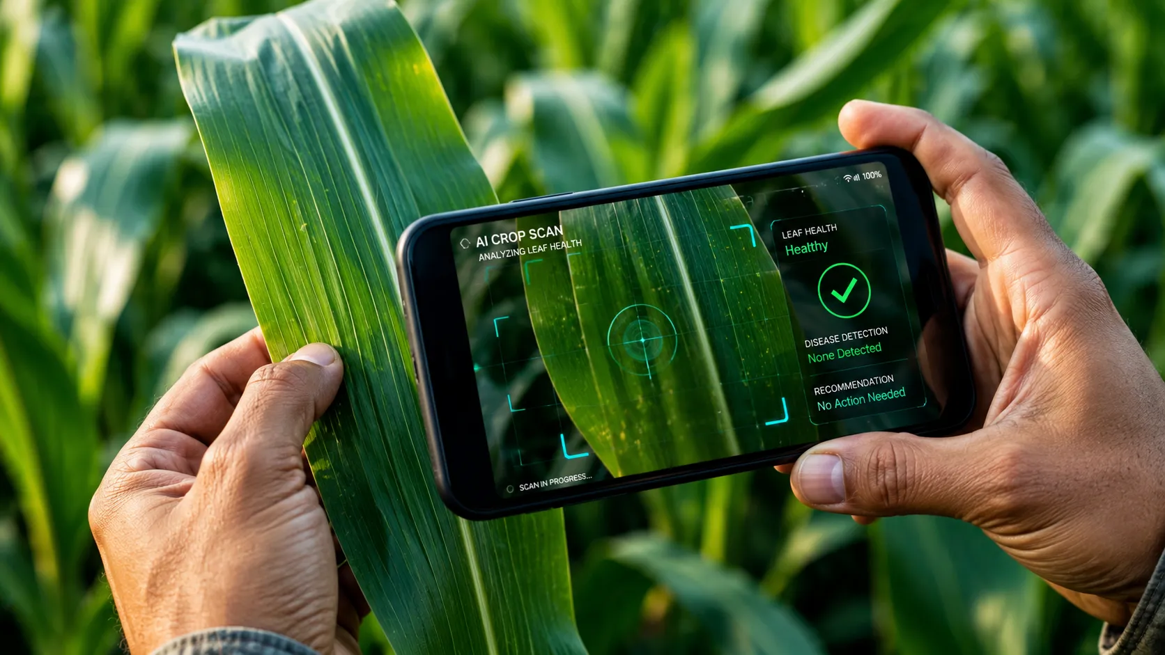 Digital illustration of satellite data and blockchain networks protecting agricultural fields