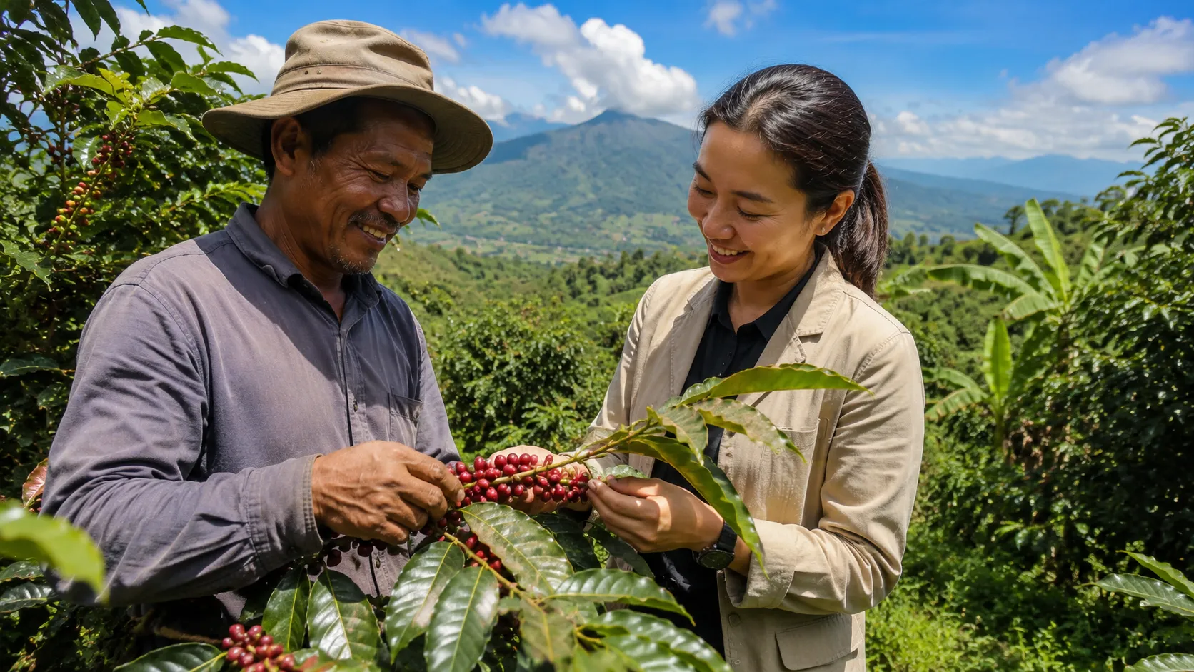 Scope 3 Carbon Insetting - A hyper-realistic editorial photograph of a local coffee farmer and a female corporate sustainability auditor smiling and examining ripe red coffee cherries together on a lush hillside plantation under bright midday sunlight