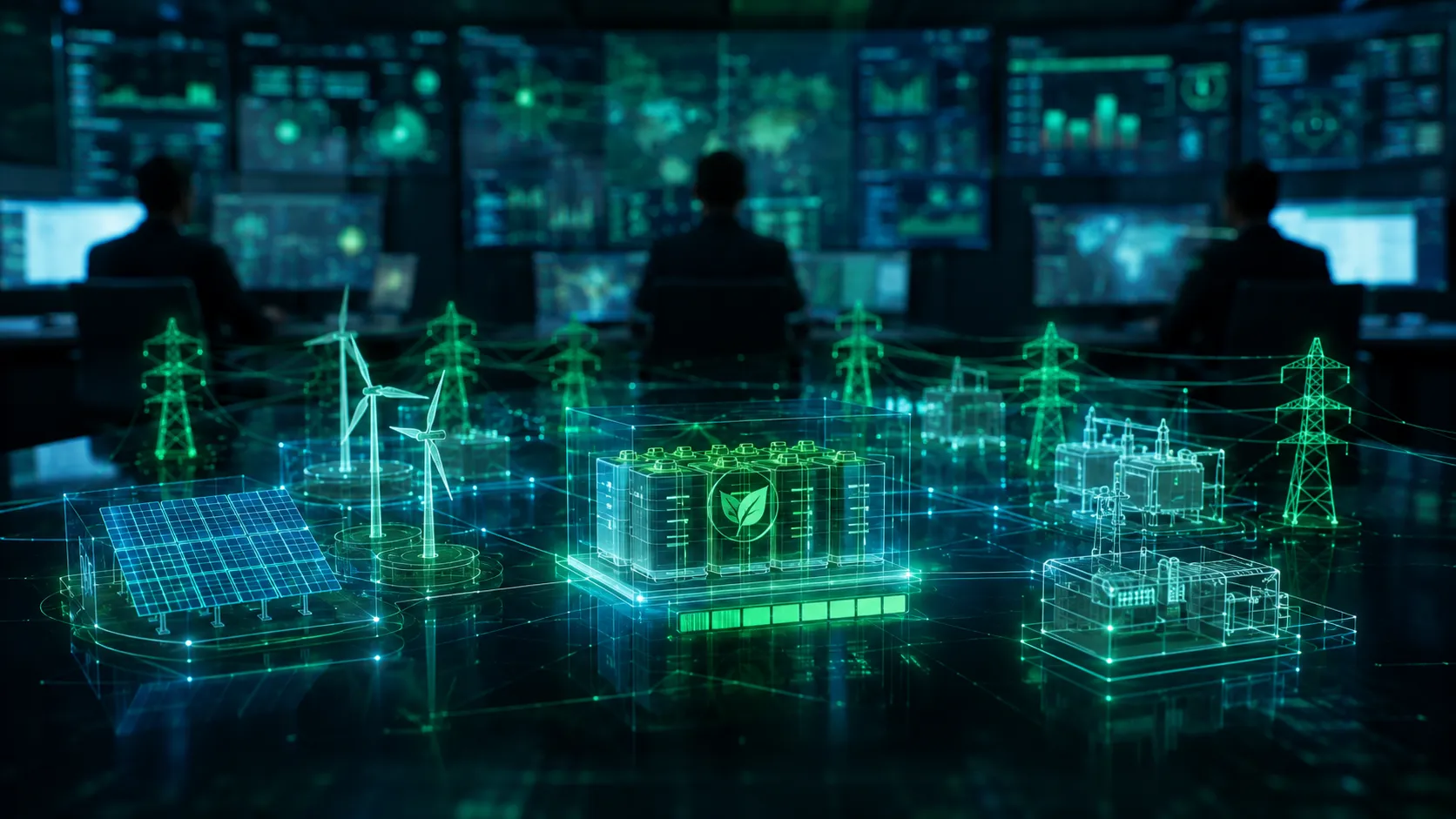 Solar Micro-Grids - A professional B2B editorial photograph of a digital command center dashboard monitoring real-time solar micro-grid energy flows and battery storage health