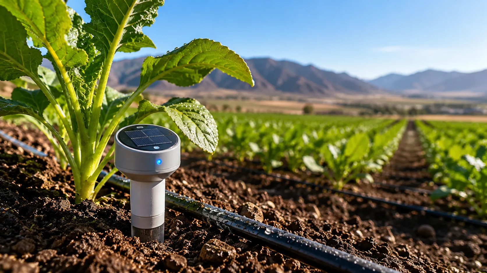 A sophisticated close-up of a modern soil moisture sensor node installed next to an automated drip irrigation line in a sunlit field