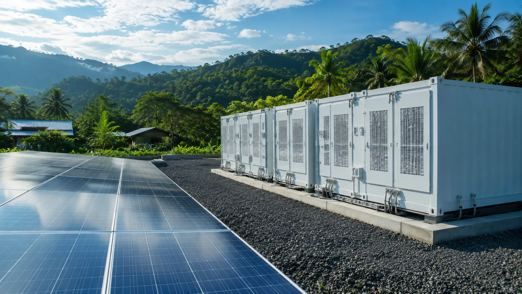 Solar Micro-Grids - A realistic, high-end editorial photo of sleek solar panels and advanced battery energy storage containers installed in a tropical rural landscape