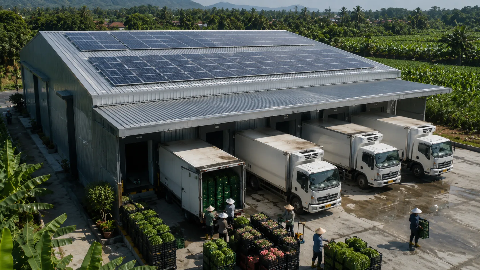 Solar-Powered Cold Chain Logistics - A hyper-realistic editorial photograph of a modern, solar-panel-roofed agricultural refrigerated warehouse facility with workers loading crates into refrigerated trucks
