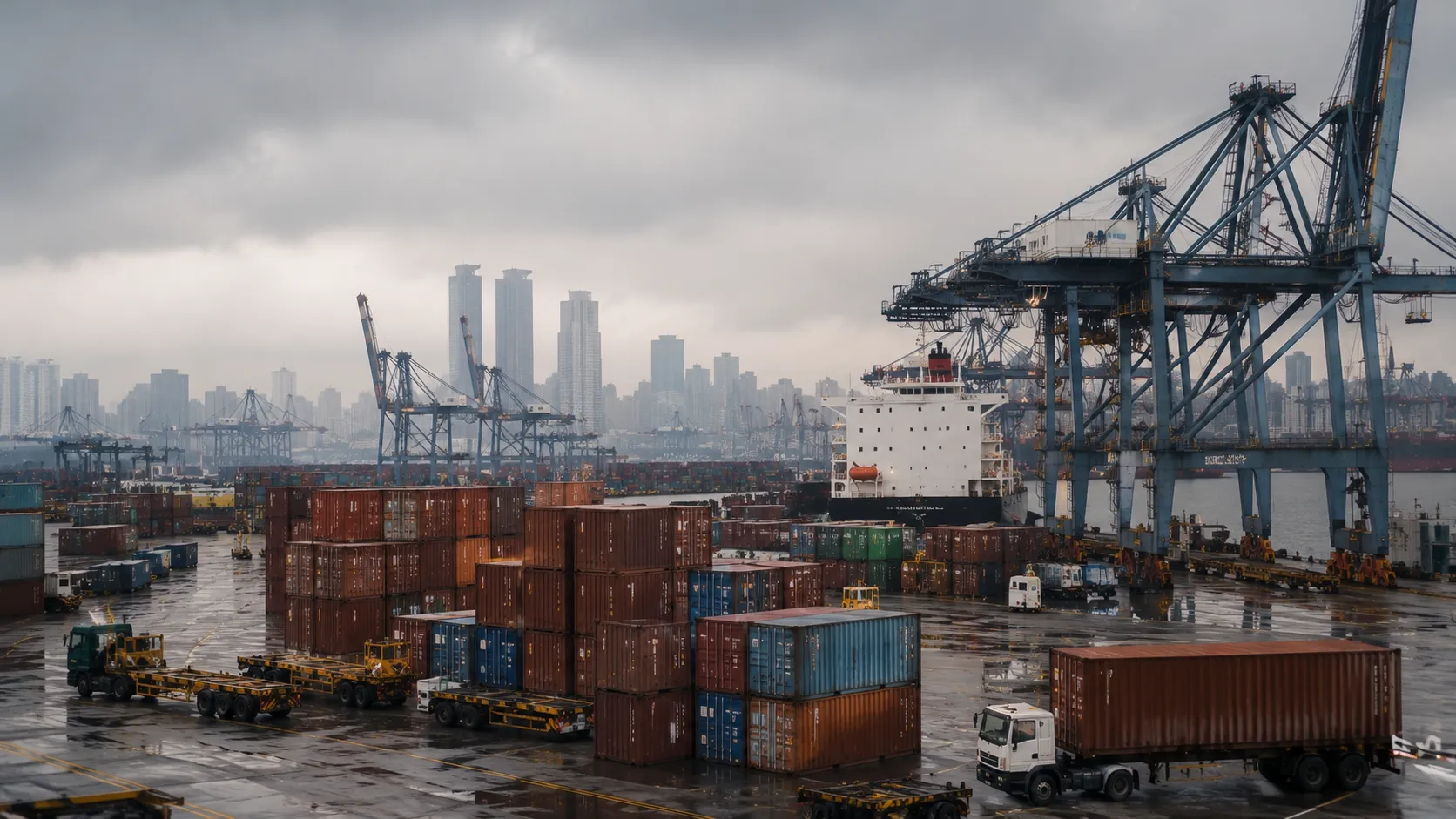 EUDR Compliance - A hyper-realistic editorial photograph of a bustling commercial shipping port terminal in Southeast Asia with stacked cargo containers and port cranes