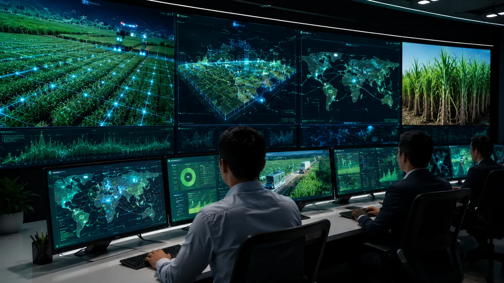 The Biofuel Supply Chain - A professional B2B editorial photograph of a digital command center dashboard displaying real-time agro-industrial supply chain data
