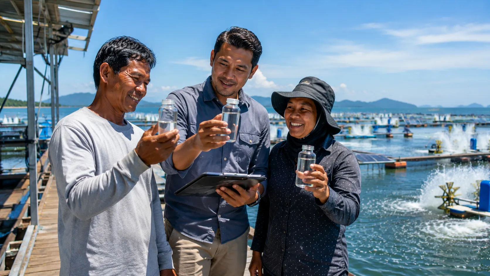 Sustainable Aquaculture Financing - A hyper-realistic editorial photograph of two coastal aquaculture farmers and a marine biologist standing on a wooden dock of a modern shrimp farm inspecting water quality samples under bright midday tropical sunlight
