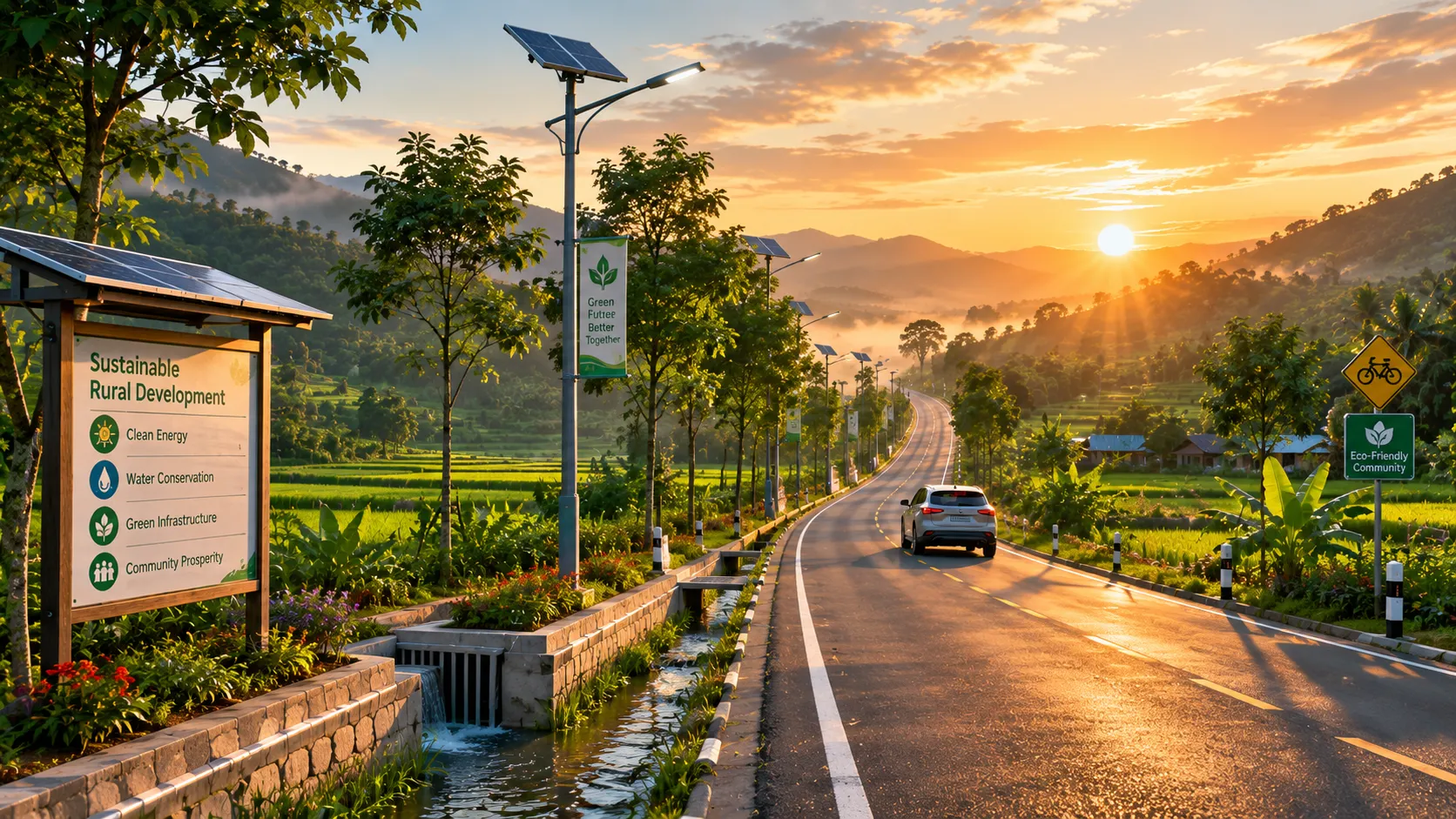 A sustainable green rural road project equipped with solar lighting and agroforestry buffers funded by international development grants