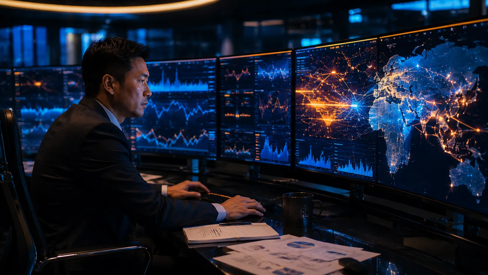 Wholesale CBDCs and Project mBridge - A realistic editorial photograph of a corporate treasury strategist monitoring real-time cross-border liquidity and FX settlement flows on a curved dashboard inside a bank control room