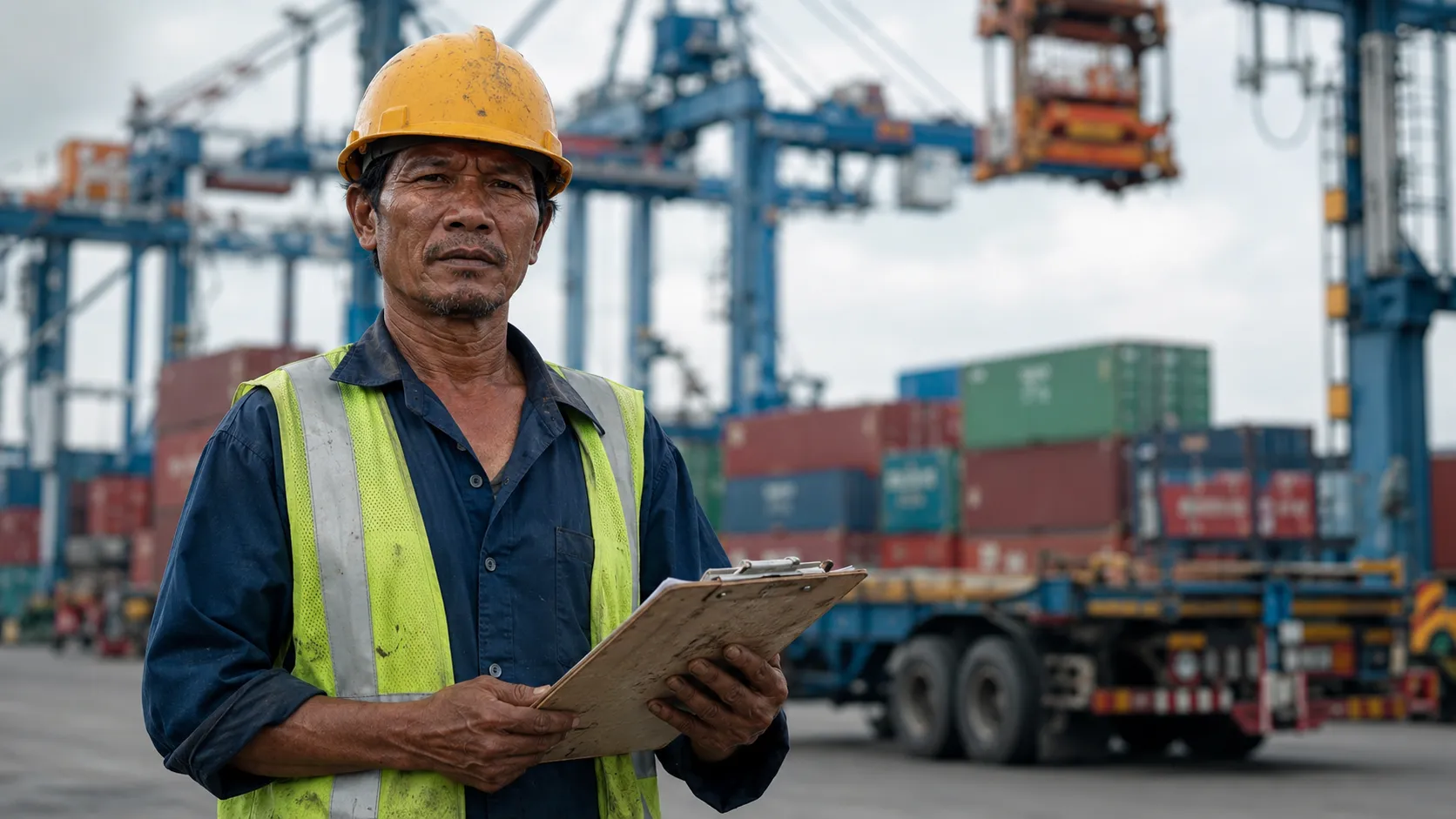 An Indonesian dock worker directing cargo containers at Tanjung Priok port amidst the new US Tariffs Indonesia