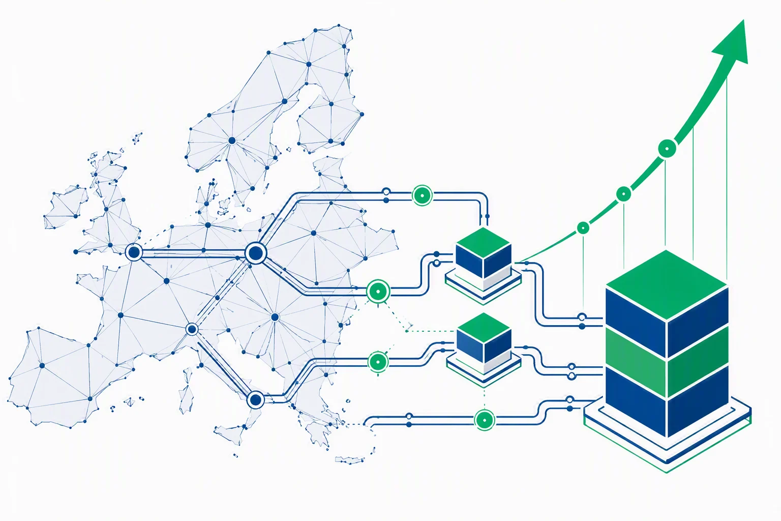A premium B2B corporate flat vector illustration displaying an abstract map of Europe interconnected with precise financial pipelines and a soaring green investment curve