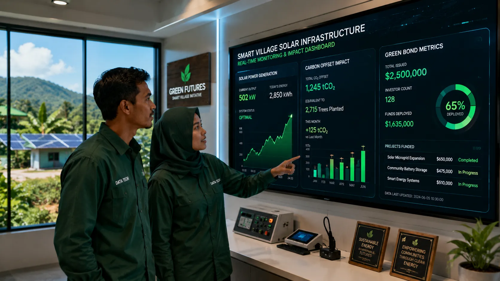 Local agritech technicians monitoring real-time power generation data inside a smart village solar hub control center