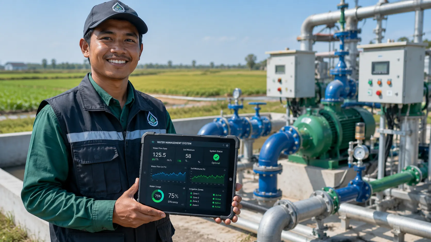 A modern agritech specialist reviewing real-time water flow analytics and soil moisture graphs on a tablet screen in front of a smart farm valve station