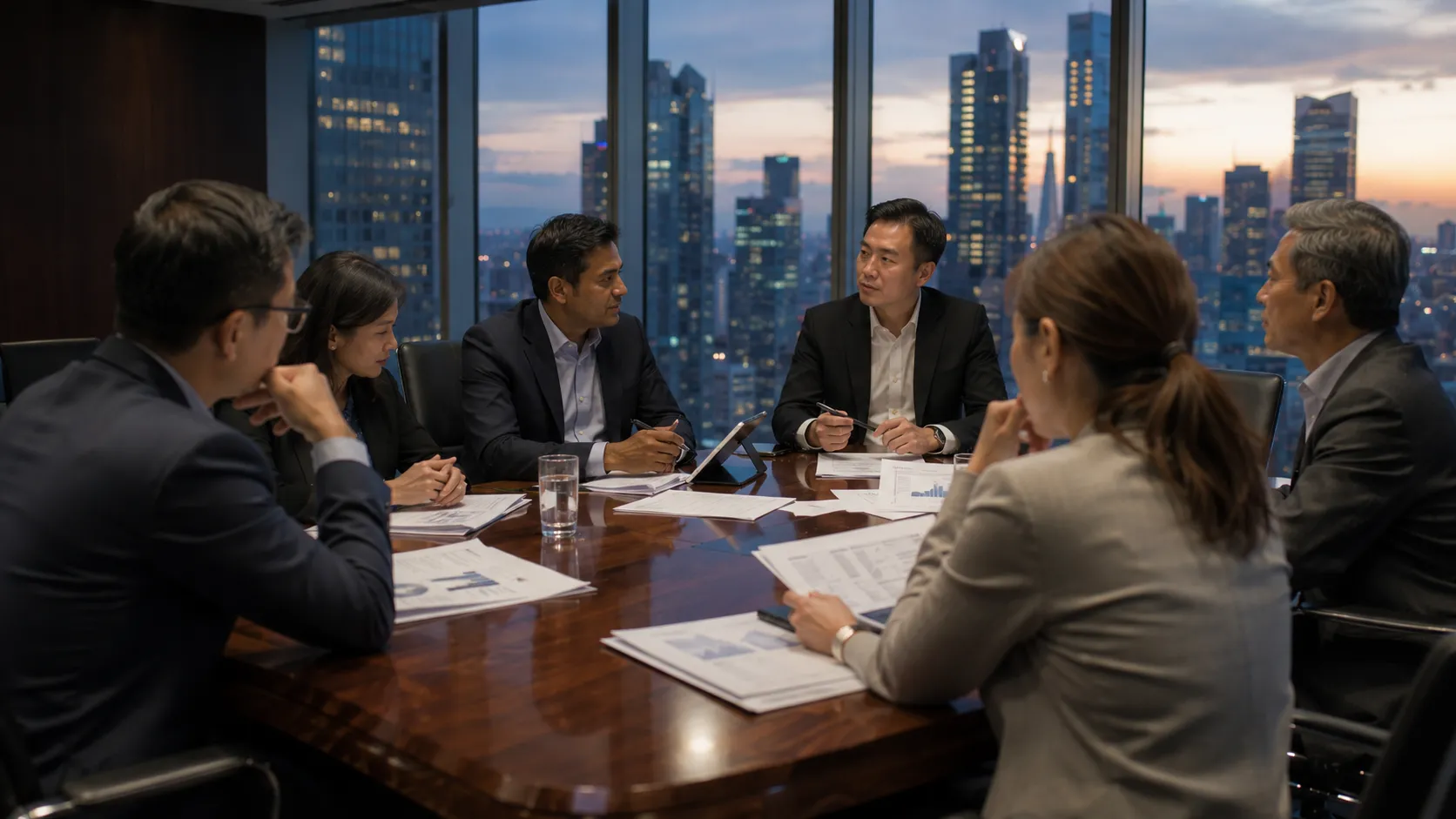 Wholesale CBDCs and Project mBridge - A hyper-realistic editorial photograph of an executive corporate boardroom meeting in a modern Asian financial district skyscraper overlooking a city skyline at dusk