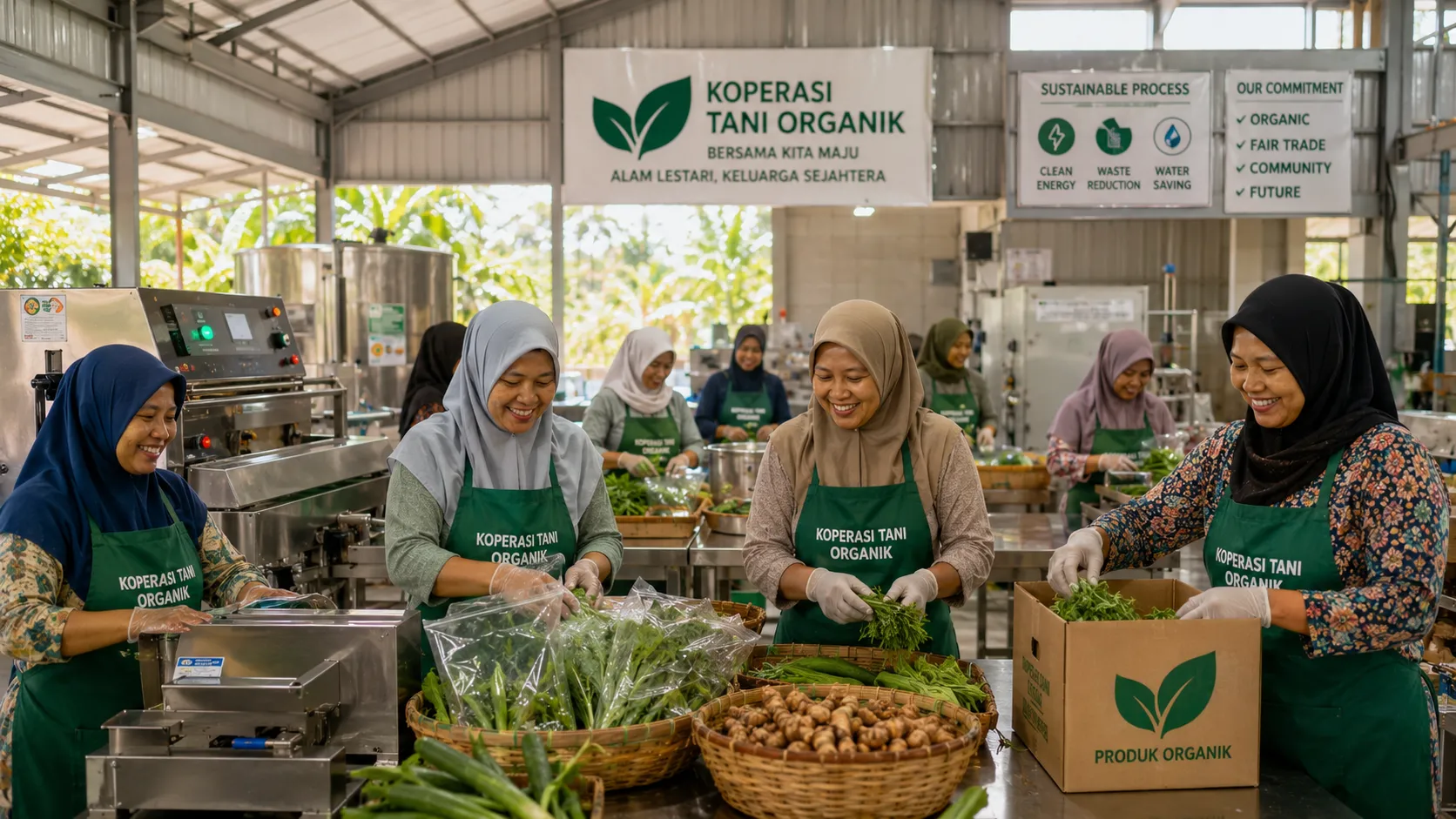 A diverse group of female farmers collaborating in a modern sustainable agricultural processing facility
